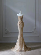 Pretty Mermaid Strapless Gold Sequin Beads Long Prom Dress Formal Evening Dress