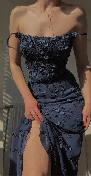Sexy Mermaid Spaghetti Straps Satin Navy Blue Floral Long Evening Dress Prom Dress Secondary image