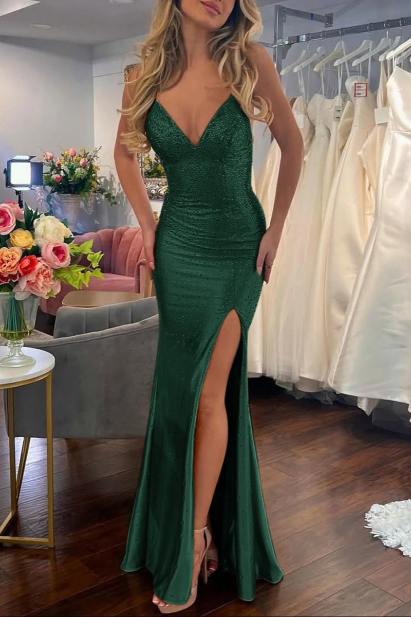 Sexy Mermaid Spaghetti Straps Satin Slit Prom Dress with Hot Stone