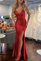 Sexy Mermaid Spaghetti Straps Satin Slit Prom Dress with Hot Stone