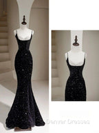 Sexy Mermaid Spaghetti Straps Sequin Black Long Prom Dress