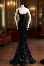Sexy Mermaid Spaghetti Straps Sequin Black Long Prom Dress