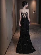 Sexy Mermaid Spaghetti Straps Sequin Black Long Prom Dress