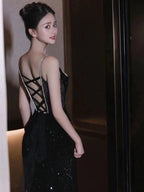 Sexy Mermaid Spaghetti Straps Sequin Black Long Prom Dress