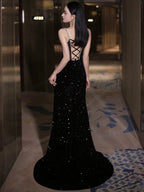 Sexy Mermaid Spaghetti Straps Sequin Black Long Prom Dress