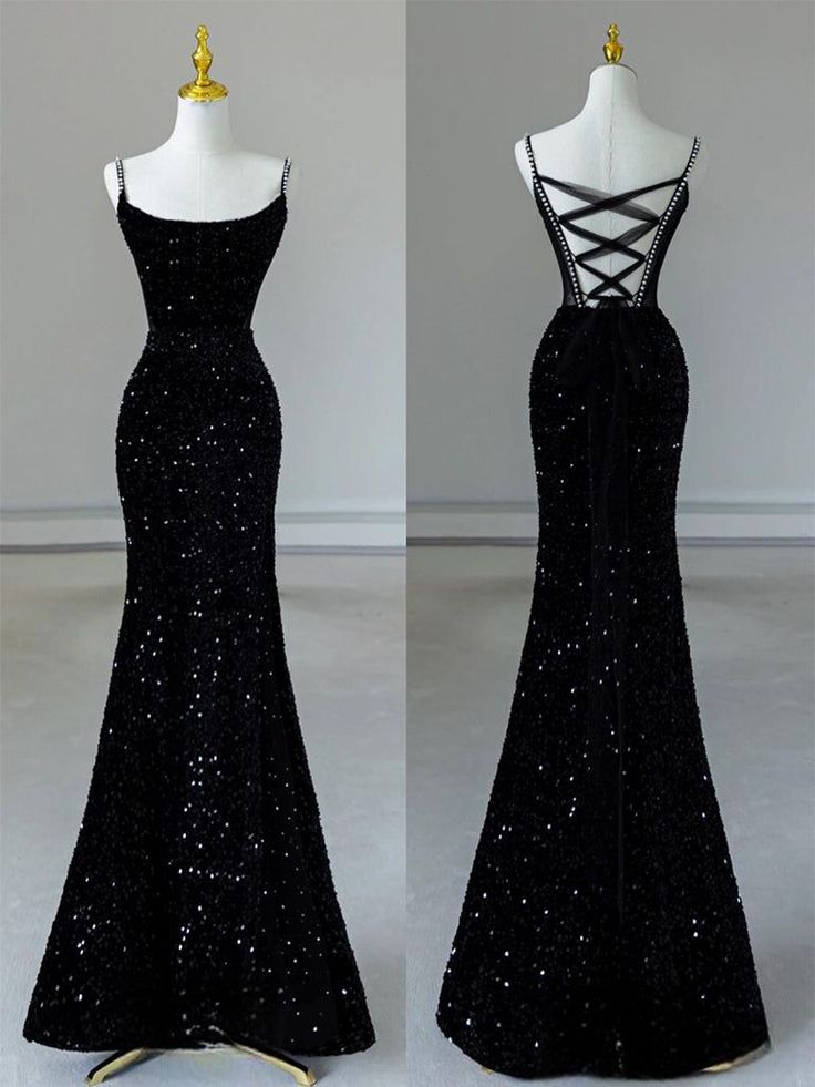 Sexy Mermaid Spaghetti Straps Sequin Black Long Prom Dress Main image