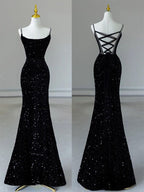 Sexy Mermaid Spaghetti Straps Sequin Black Long Prom Dress