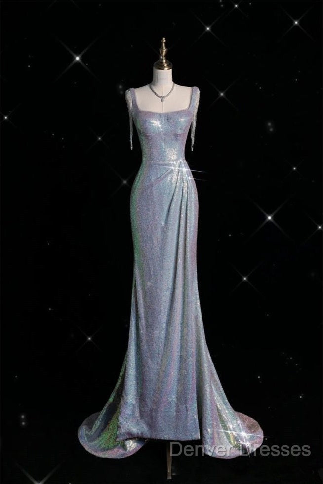 Sexy Mermaid Spaghetti Straps Sequin Silver Evening Gowns Long Prom Dress Secondary image