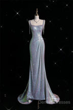 Sexy Mermaid Spaghetti Straps Sequin Silver Evening Gowns Long Prom Dress