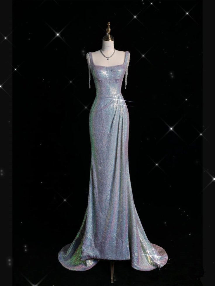 Sexy Mermaid Spaghetti Straps Sequin Silver Evening Gowns Long Prom Dress