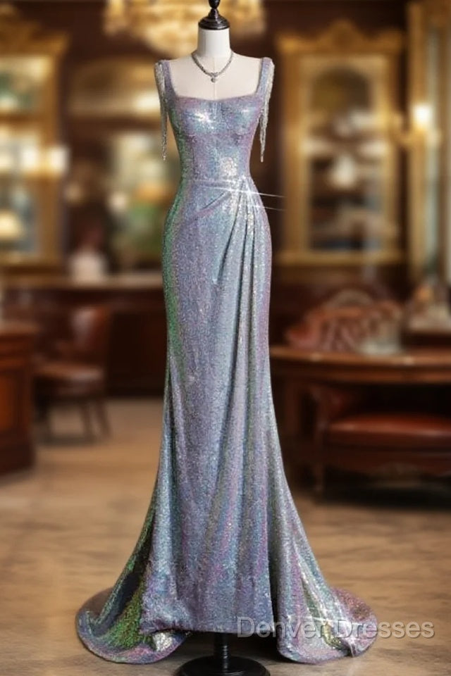Sexy Mermaid Spaghetti Straps Sequin Silver Evening Gowns Long Prom Dress Main image