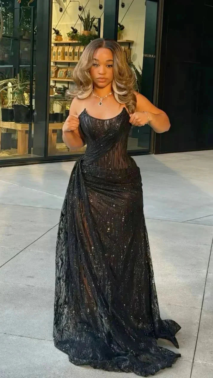 Sexy Mermaid Spaghetti Straps Sequin Slit Black Long Prom Dress Party Dress