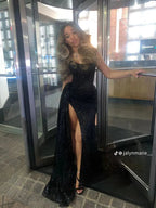 Sexy Mermaid Spaghetti Straps Sequin Slit Black Long Prom Dress Party Dress