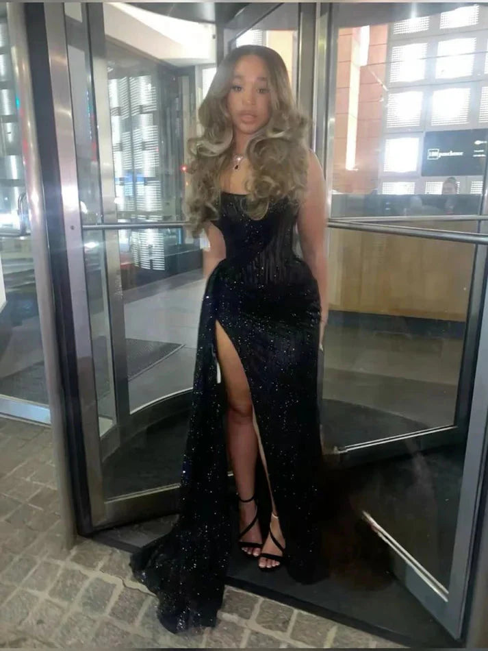 Sexy Mermaid Spaghetti Straps Sequin Slit Black Long Prom Dress Party Dress