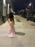 Sexy Mermaid Spaghetti Straps Sleeveless Lace Pink Prom Dress Birthday Outfit
