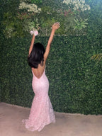 Sexy Mermaid Spaghetti Straps Sleeveless Lace Pink Prom Dress Birthday Outfit