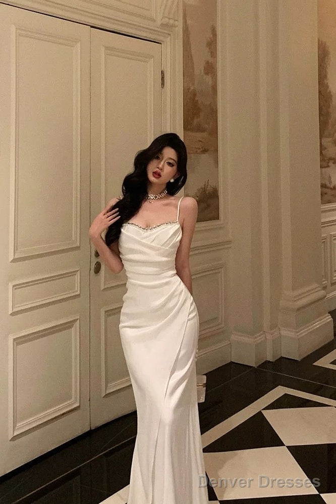 Sexy Mermaid Spaghetti Straps White Satin Slit Prom Dresses Birthday Outfits Secondary image