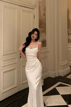 Sexy Mermaid Spaghetti Straps White Satin Slit Prom Dresses Birthday Outfits