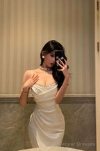 Sexy Mermaid Spaghetti Straps White Satin Slit Prom Dresses Birthday Outfits