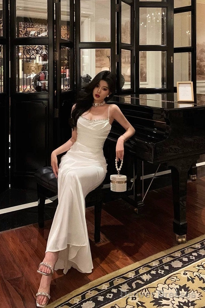 Sexy Mermaid Spaghetti Straps White Satin Slit Prom Dresses Birthday Outfits