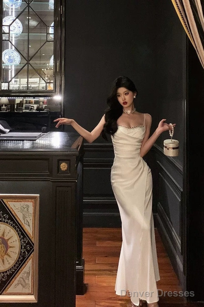 Sexy Mermaid Spaghetti Straps White Satin Slit Prom Dresses Birthday Outfits Main image