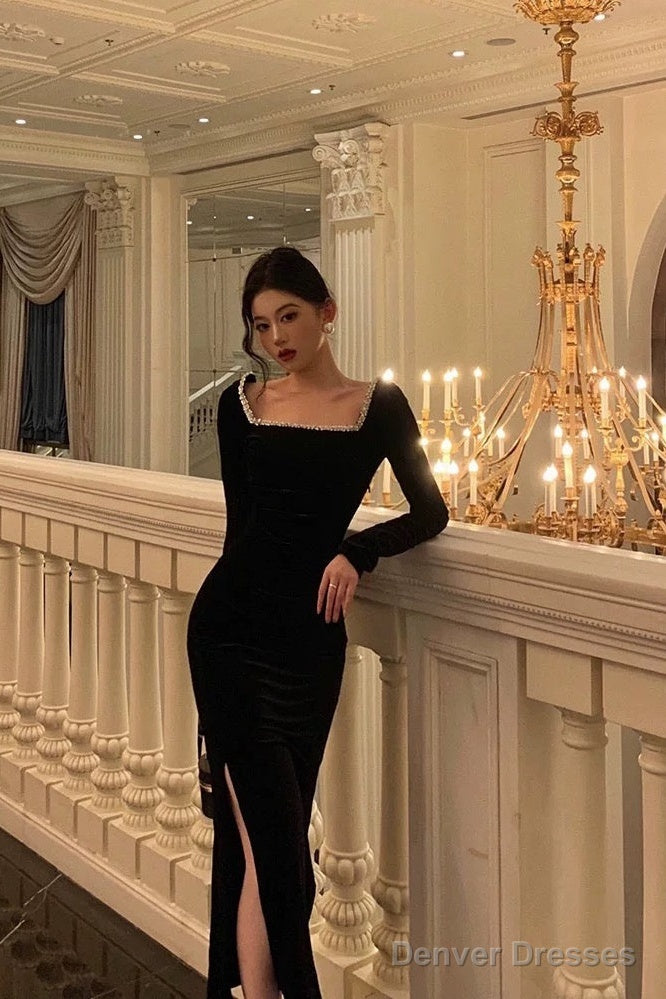 Sexy Mermaid Square Neckline Black Velvet Slit Prom Dresses Birthday Outfits Secondary image