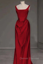 Sexy Mermaid Square Neckline Red Satin Floor Length Prom Dress