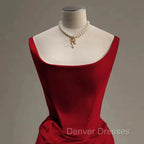 Sexy Mermaid Square Neckline Red Satin Floor Length Prom Dress