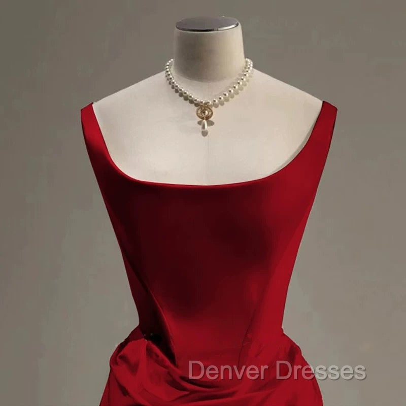 Sexy Mermaid Square Neckline Red Satin Floor Length Prom Dress