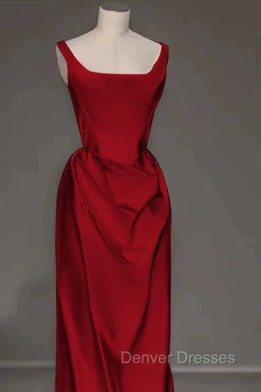 Sexy Mermaid Square Neckline Red Satin Floor Length Prom Dress