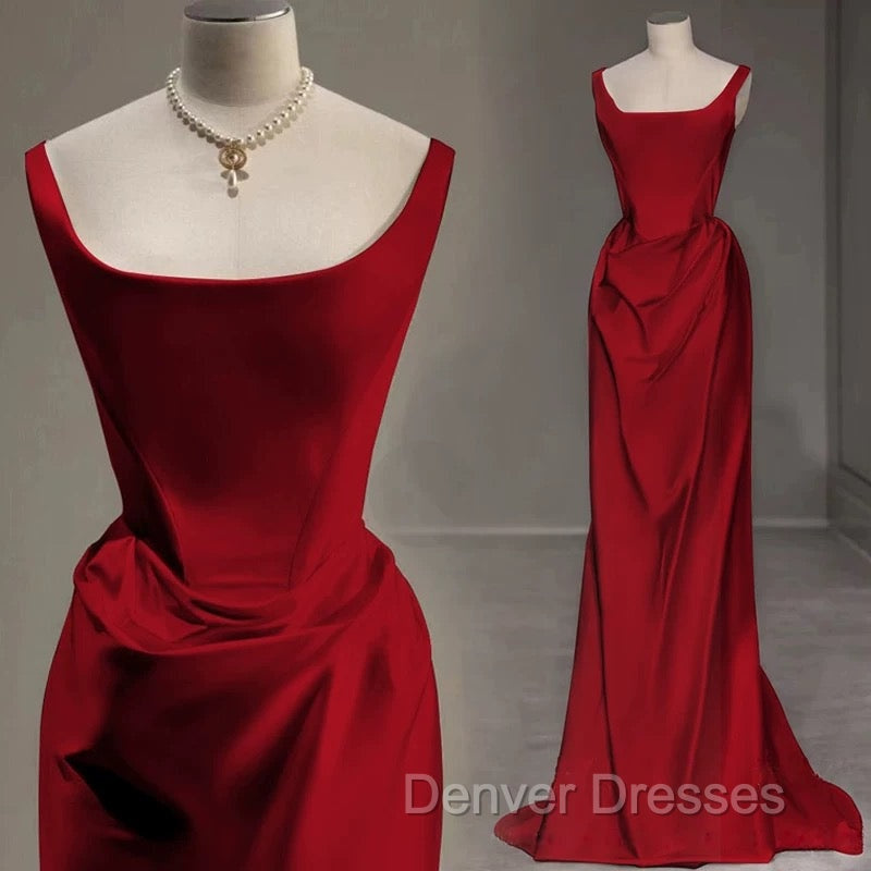 Sexy Mermaid Square Neckline Red Satin Floor Length Prom Dress