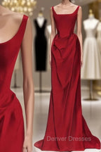 Sexy Mermaid Square Neckline Red Satin Floor Length Prom Dress