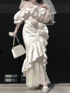 Sexy Mermaid Square Neckline Short Sleeves WomenS Engagement Dress Vacation Dresses Birthday Dress With Flowers