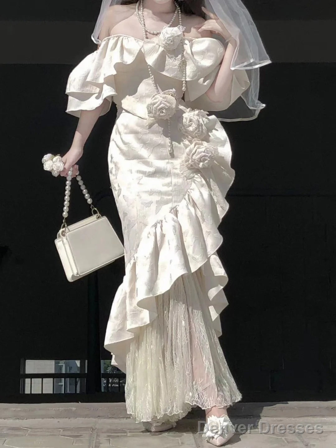 Sexy Mermaid Square Neckline Short Sleeves WomenS Engagement Dress Vacation Dresses Birthday Dress With Flowers Main image