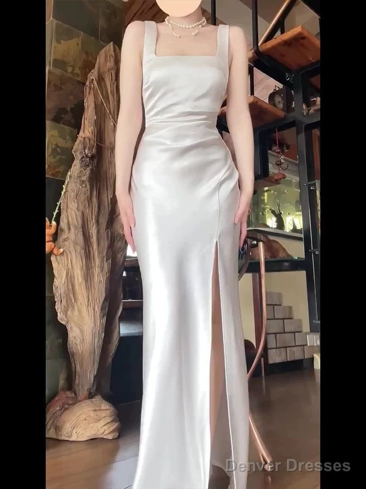 Sexy Mermaid Square Neckline White Slit Long Evening Dress Prom Dresses Birthday Outfits Secondary image
