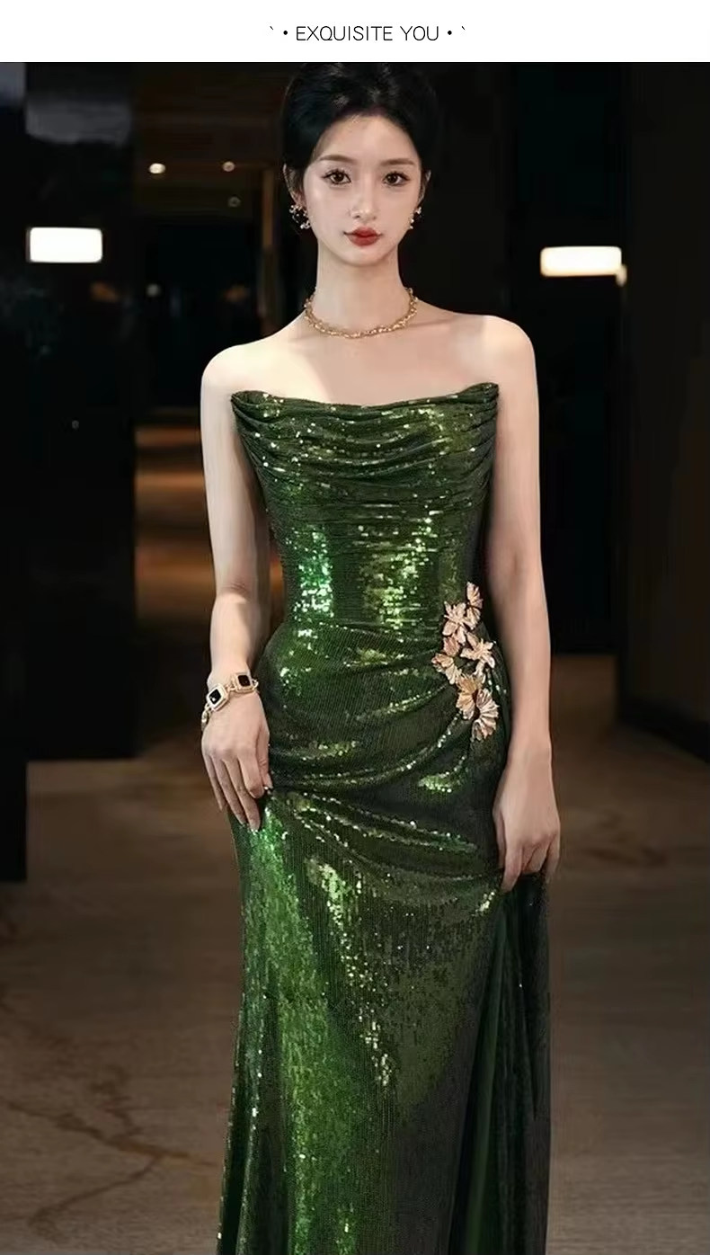 Sexy Mermaid Strapless Dark Green Sequin Long Prom Dress Evening Gowns Secondary image