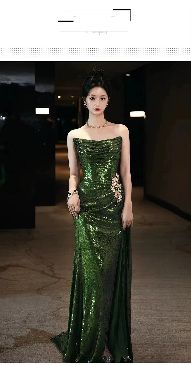 Sexy Mermaid Strapless Dark Green Sequin Long Prom Dress Evening Gowns