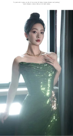 Sexy Mermaid Strapless Dark Green Sequin Long Prom Dress Evening Gowns