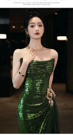 Sexy Mermaid Strapless Dark Green Sequin Long Prom Dress Evening Gowns