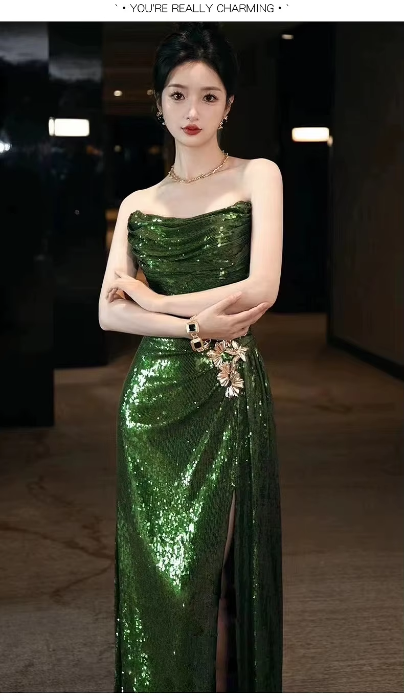 Sexy Mermaid Strapless Dark Green Sequin Long Prom Dress Evening Gowns