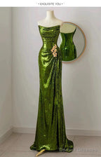 Sexy Mermaid Strapless Dark Green Sequin Long Prom Dresses Evening Gowns