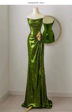 Sexy Mermaid Strapless Dark Green Sequin Long Prom Dress Evening Gowns