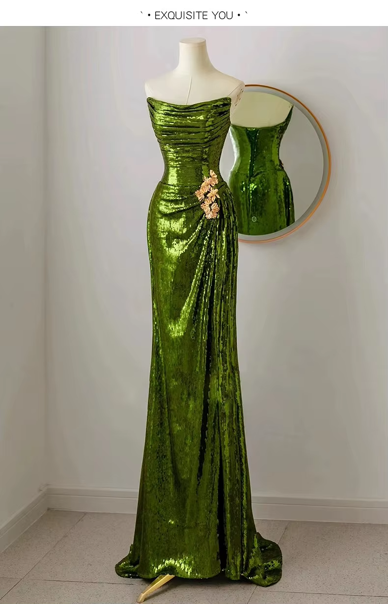 Sexy Mermaid Strapless Dark Green Sequin Long Prom Dress Evening Gowns
