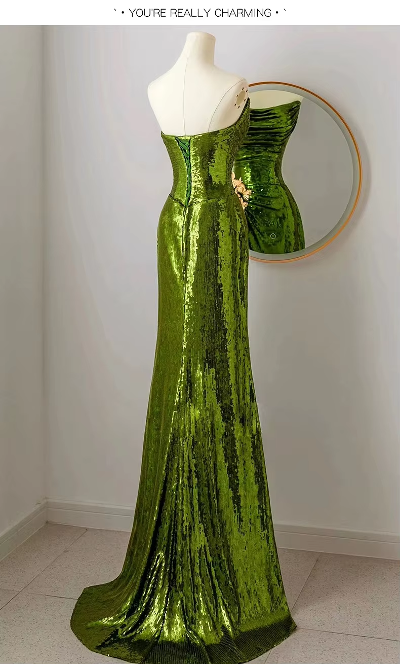 Sexy Mermaid Strapless Dark Green Sequin Long Prom Dress Evening Gowns