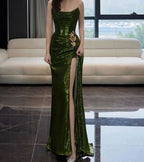 Sexy Mermaid Strapless Dark Green Sequin Long Prom Dress Evening Gowns
