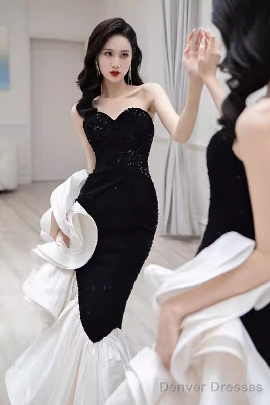 Sexy Mermaid Strapless Long Black Sequin Prom Dress