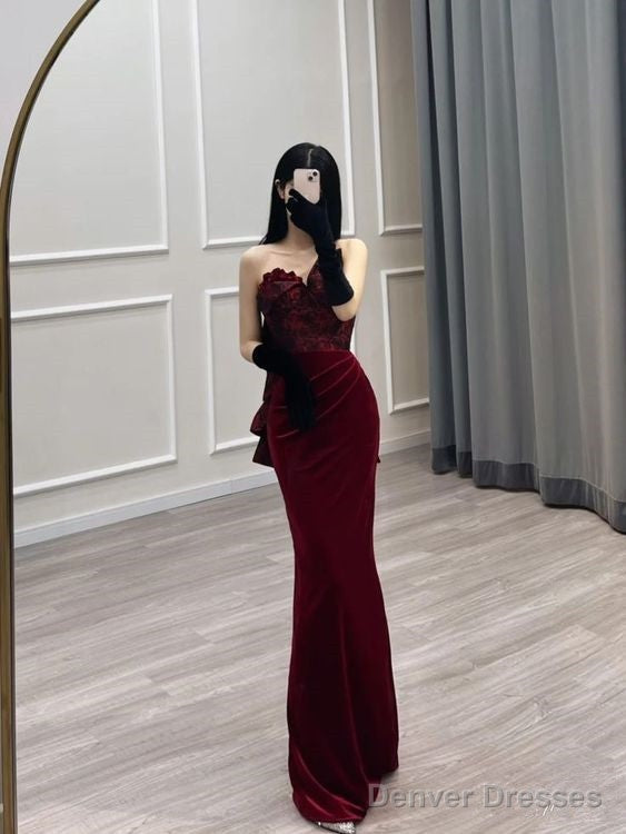 Sexy Mermaid Strapless Long Burgundy Velvet Prom Dress Main image