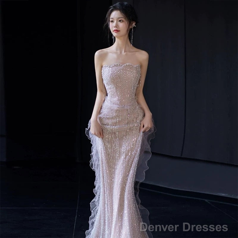 Sexy Mermaid Strapless Neckline Sequin Long Floor Length Pearls Prom Dresses Secondary image