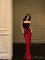 Sexy Mermaid Strapless Ombre Burgundy Satin Slit Long Prom Dresses Birthday Outfits