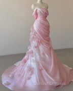 Sexy Mermaid Strapless Pink Long Floral Prom Dress Party Dress